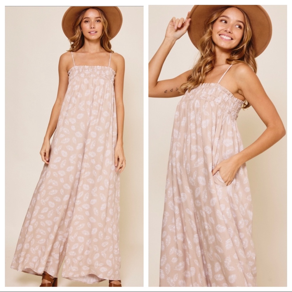 #01 Fabulous Boho Sleeveless Leaf Print Wide Leg Jumpsuit - Picture 4 of 4
